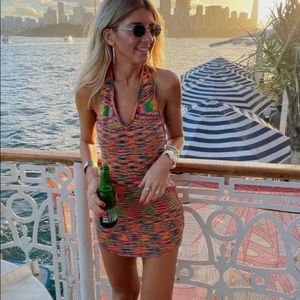 Multicolor knit backless mini halter dress